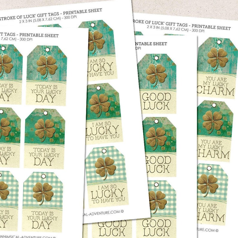 A Stroke Of Luck St. Patrick's Printable Four Leaf Clover Gift Tags, Digital Download Irish Green Junk Journal Ephemera Pack image 4