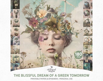 Le rêve heureux d'un avenir vert fantaisiste, technique mixte, art mural, cadeau, papiers imprimables à téléchargement numérique et éphémères