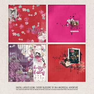 K&ouml;nnte beinhalten: Vier digitale Scrapbooking-Layouts mit Kirschbl&uuml;ten-Thema. Die Layouts beinhalten einen roten Hintergrund mit wei&szlig;en Kirschbl&uuml;ten, einen rosa Hintergrund mit einem schwarzen und wei&szlig;en Kirschbl&uuml;tenzweig, einen roten Hintergrund mit einem schwarzen und wei&szlig;en Kirschbl&uuml;tenzweig und einem Foto einer japanischen Strassenszene sowie einen roten Hintergrund mit einem schwarzen und wei&szlig;en Kirschbl&uuml;tenzweig und einem Foto eines M&auml;dchens in einem roten Kleid.