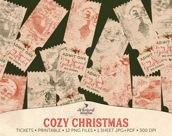 Printable Christmas Ticket Invitation Collage Sheet, Digital Download Vintage Santa Holiday Decor, Junk Journal Ephemera Pack