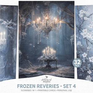 Druckbare verzauberte blaue Fee gefrorene Winterwald Junk Journal Ephemera Pack, digitaler Download 5 x 7 Karten und ATC Collage Sheets
