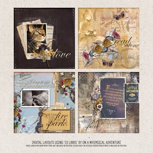 May include: Four digital scrapbook layouts featuring a whimsical theme with a cat, a girl reading a book, a child reading a book, and a book cover with a quote from Louisa May Alcott's Little Women. The layouts include various decorative elements such as flowers, stars, and text.