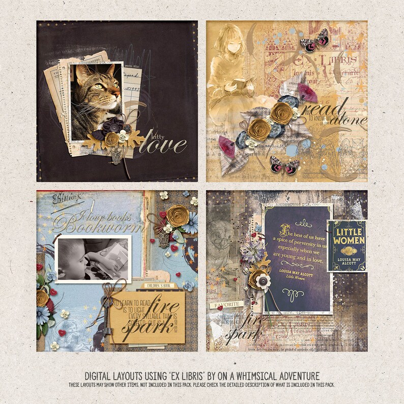 May include: Four digital scrapbook layouts featuring a whimsical theme with a cat, a girl reading a book, a child reading a book, and a book cover with a quote from Louisa May Alcott's Little Women. The layouts include various decorative elements such as flowers, stars, and text.