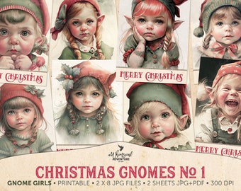 Watercolor Christmas Gnomes Printable Artist Trading Cards Paintings, Digital Download Holiday Gnome Girls Junk Journal Ephemera Pack