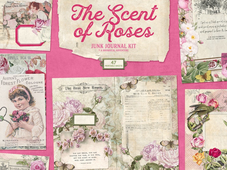 Scent Of Roses, Printable Junk Journal Kit, Shabby Chic, Vintage Botanicals, Digital Download image 1