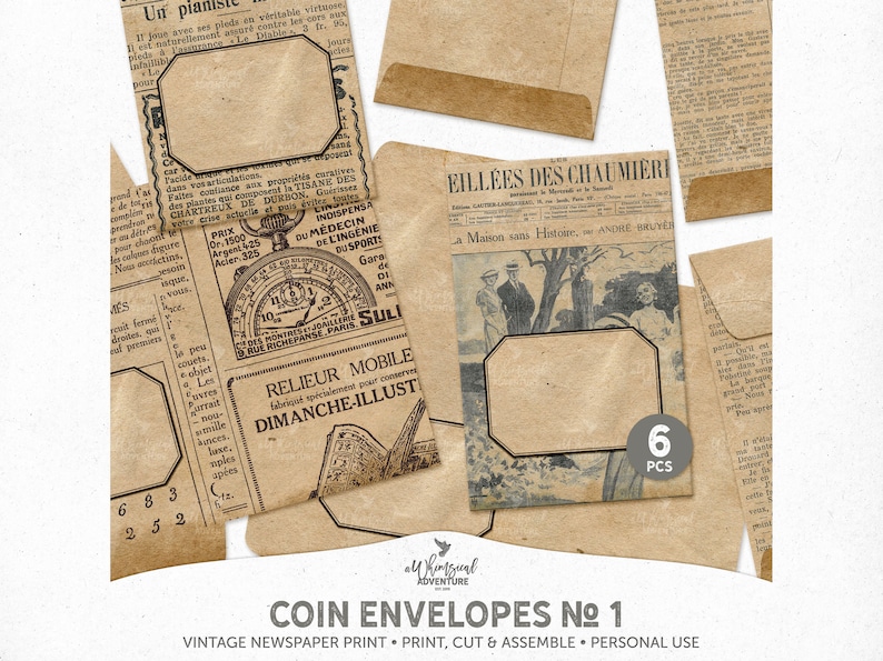 Peut inclure: Six enveloppes &agrave; pi&egrave;ces de monnaie de style vintage avec un motif d'impression de journal. Les enveloppes pr&eacute;sentent des bordures noires et sont pr&ecirc;tes &agrave; &ecirc;tre imprim&eacute;es, d&eacute;coup&eacute;es et assembl&eacute;es. Les enveloppes sont parfaites pour ajouter une touche unique &agrave; vos projets d'artisanat.