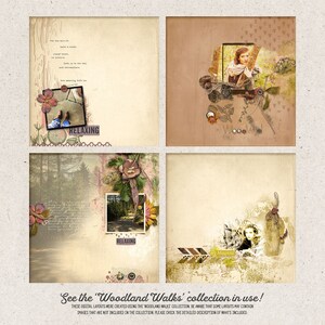 May include: Four digital scrapbook layouts with a woodland theme. The layouts feature images of trees, leaves, and a woman in a forest. The text "Woodland Walks" is included in the image.
