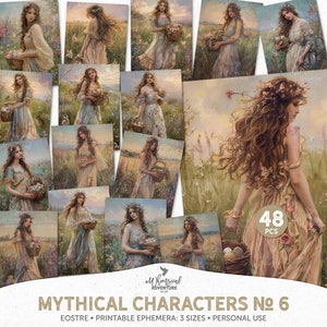 Eostre Ostara Germaanse mythologie lentegodin geschilderde portretten, Light Academia digitale download afdrukbare lente Ephemera Pack