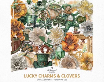 Lucky Charms And Clovers Digital Scrapbooking Spring Clipart PNG Files, Instant Download Mixed Media Art For St Patricks Day