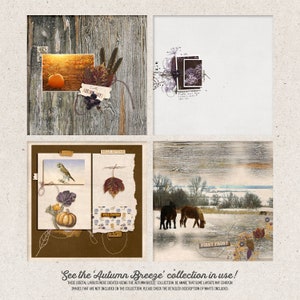 May include: Four digital scrapbook layouts with a fall theme. The layouts feature images of a sunset, a barn owl, a pumpkin, horses, and fall leaves. The layouts are decorated with various embellishments, including paper scraps, twine, and stamps. The text "Autumn Breeze" is visible at the bottom of the image.