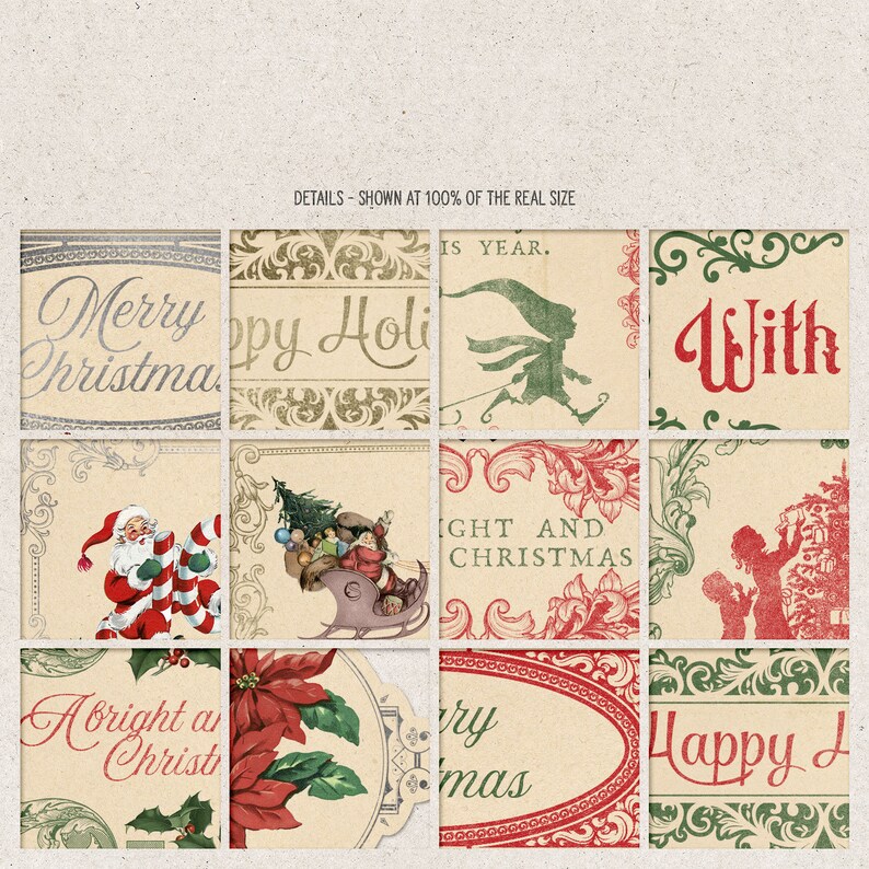 May include: A vintage Christmas card set with a variety of designs. The cards feature images of Santa Claus, a Christmas tree, a sleigh, and other festive elements. The cards are decorated with ornate borders and typography. The text on the cards includes "Merry Christmas", "Happy Holidays", "With", "A Bright Christmas", "Merry Christmas", and "Happy Holidays".