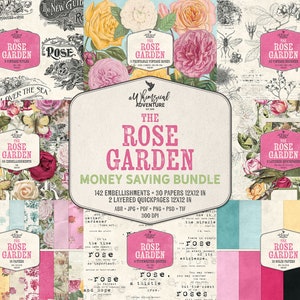Può includere: Un kit di collage digitale con illustrazioni vintage di rose, farfalle e altri elementi floreali. Il kit include 142 decorazioni, 30 carte e 2 pagine rapide a strati, tutte in 30,5 x 30,5 cm. Il kit è intitolato "The Rose Garden Money Saving Bundle".