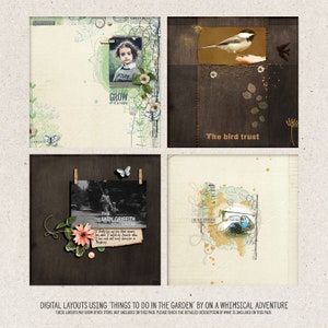 May include: Four digital scrapbook layouts with a whimsical garden theme. The layouts feature a girl, a bird, a car, and a man fishing. The layouts are decorated with flowers, butterflies, and other garden-themed elements.