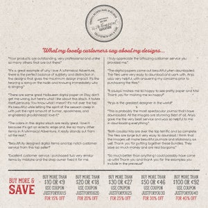 May include: A collage of customer testimonials about digital paper and journal designs. The text highlights the quality, design, and customer service of the shop. The image also includes a buy more and save discount offer with different price tiers and corresponding discounts.