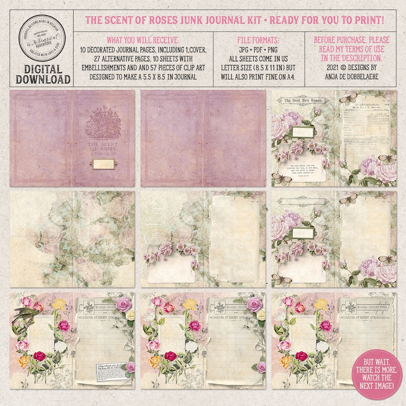 Scent Of Roses, Printable Junk Journal Kit, Shabby Chic, Vintage Botanicals, Digital Download image 3