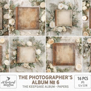 Album photo de mariage rustique, toile de fond en papier, téléchargement numérique, collage floral blanc et vert pour le scrapbooking et la journalisation indésirable