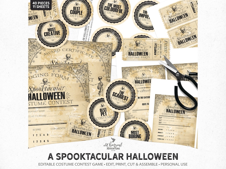 May include: A printable Halloween costume contest game with 40 pieces and 11 sheets. The game includes award certificates, judging forms, and tickets for a Spooktacular Halloween Costume Party. The design features a vintage, distressed look with black and white illustrations.