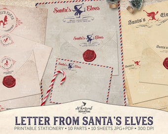 Printable Gift For Kids Christmas Elf Vintage Stationery, Digital Download North Pole Letterhead And Envelopes With Wax Seals