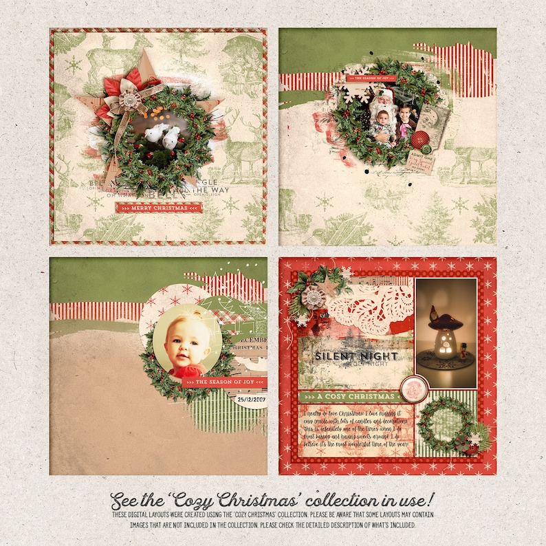 Layouts made with Shabby Solid Color Christmas Scrapbook Paper, Digital Download Red And Green Backgrounds