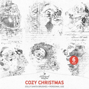 Puede incluir: Seis sellos de pincel digital en blanco y negro con ilustraciones vintage de Pap&aacute; Noel. El texto "Cozy Christmas" y "Jolly Santa Brushes - Personal Use" est&aacute; en la parte inferior de la imagen.