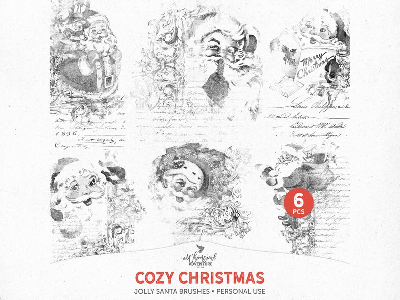 Puede incluir: Seis sellos de pincel digital en blanco y negro con ilustraciones vintage de Pap&aacute; Noel. El texto "Cozy Christmas" y "Jolly Santa Brushes - Personal Use" est&aacute; en la parte inferior de la imagen.