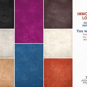 May include: A collection of eight solid-colored digital papers in black, magenta, dark brown, light gray, off-white, tan, blue, and red. Each square paper features a textured finish. Text reads: IMMORTAL LOVE SOLID PAPERS You will get: 8 papers 12 x 12 in JPG files.