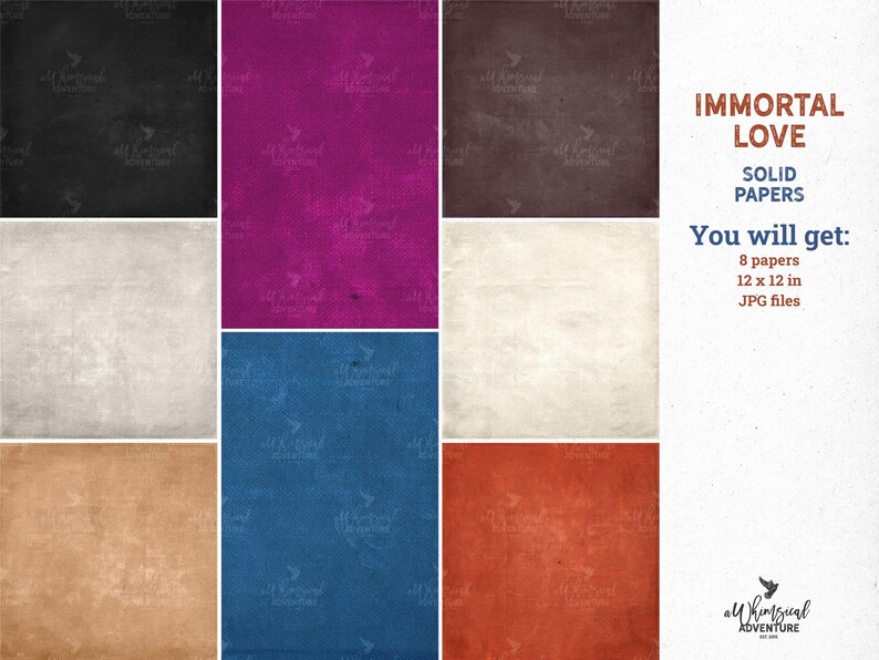 May include: A collection of eight solid-colored digital papers in black, magenta, dark brown, light gray, off-white, tan, blue, and red. Each square paper features a textured finish. Text reads: IMMORTAL LOVE SOLID PAPERS You will get: 8 papers 12 x 12 in JPG files.