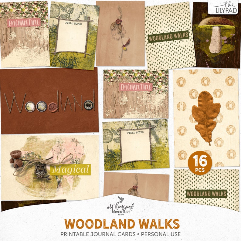 May include: A set of 16 printable journal cards featuring woodland themes. The cards have a rustic, vintage aesthetic with brown, green, and cream colors. The cards feature illustrations of mushrooms, owls, leaves, and text that says "Woodland Walks", "Enchanting", "Field Notes", and "Magical".