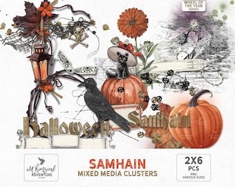 Cluster di tecniche miste per Halloween, Ruota dell'anno, Album di ritagli del festival di Samhain, Mini clip art di Halloween a tema streghe, Materiale effimero di Samhain, Digitale