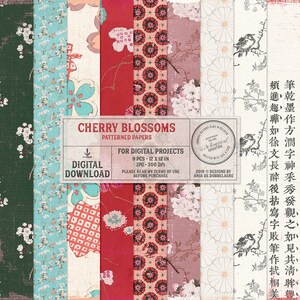K&ouml;nnte beinhalten: Ein digitaler Download von neun 12x12 Zoll gro&szlig;en Kirschbl&uuml;ten-Musterpapieren. Die Papiere zeigen eine Vielzahl von Designs, darunter florale Muster, geometrische Muster und traditionelle japanische Motive. Die Papiere sind perfekt f&uuml;r Scrapbooking, Kartenherstellung und andere Bastelprojekte.