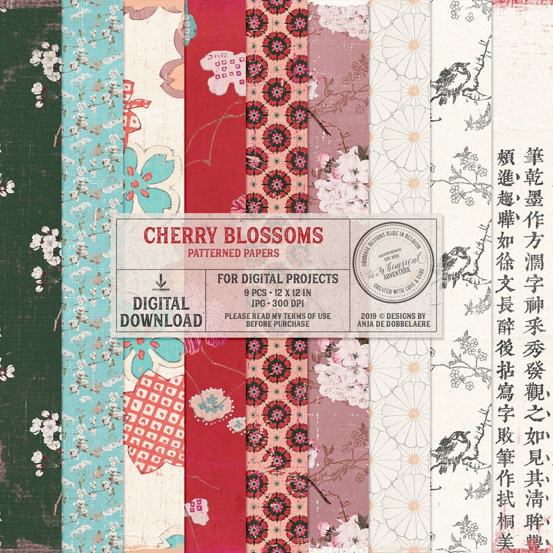 K&ouml;nnte beinhalten: Ein digitaler Download von neun 12x12 Zoll gro&szlig;en Kirschbl&uuml;ten-Musterpapieren. Die Papiere zeigen eine Vielzahl von Designs, darunter florale Muster, geometrische Muster und traditionelle japanische Motive. Die Papiere sind perfekt f&uuml;r Scrapbooking, Kartenherstellung und andere Bastelprojekte.