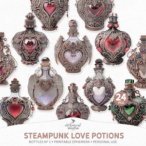 Wydrukowana, walentynkowa, brązowa butelka perfum w stylu steampunk z kamieniami szlachetnymi, cyfrowa wersja do pobrania, wycinana kartka z kolażem do dziennika z drobiazgami