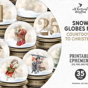 Bolas de nieve navideñas imprimibles con cuenta regresiva para el calendario de adviento, etiquetas de regalo navideñas o adornos para árboles de descarga instantánea