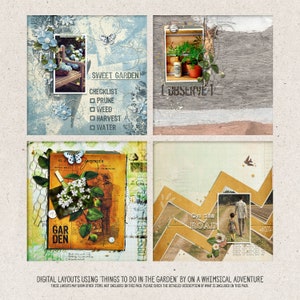 May include: Four digital scrapbook layouts with a whimsical garden theme. The layouts feature images of flowers, butterflies, a garden checklist, a garden path, and a person walking on a path. The text "Sweet Garden", "Observe", "Garden", and "On the Road" is included in the layouts.