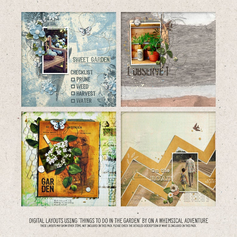 May include: Four digital scrapbook layouts with a whimsical garden theme. The layouts feature images of flowers, butterflies, a garden checklist, a garden path, and a person walking on a path. The text "Sweet Garden", "Observe", "Garden", and "On the Road" is included in the layouts.