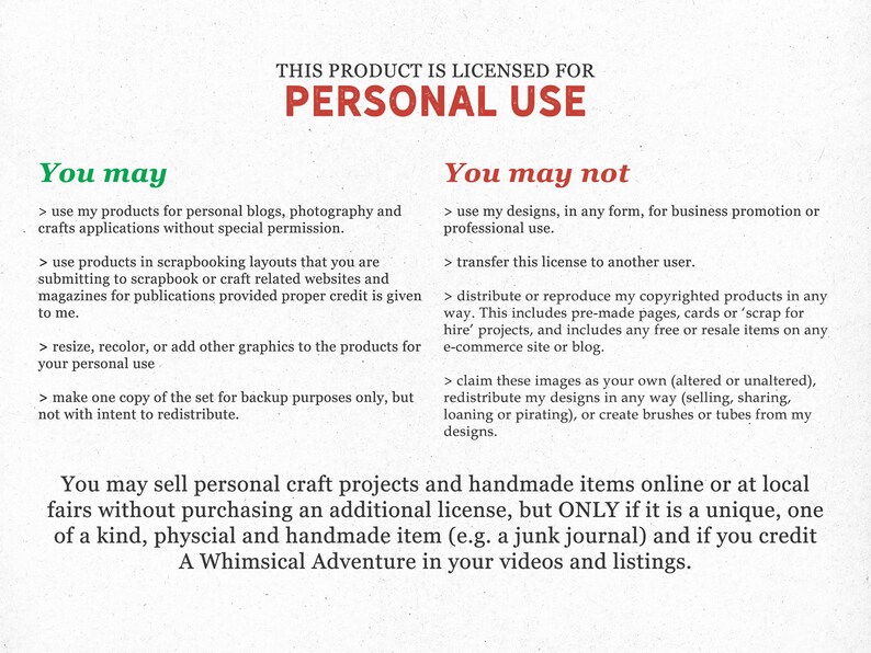 May include: A white background with black text outlining the terms of use for a digital product. The text states that this product is licensed for personal use only. The text also outlines what is and is not permitted under the license.