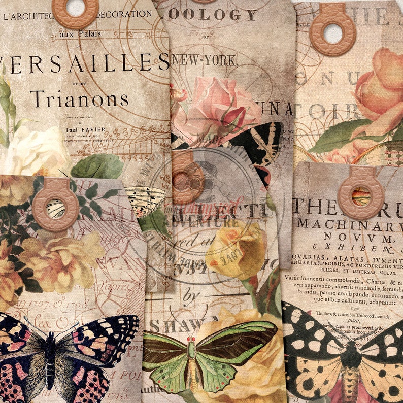 Gift Tags, Bohemian Style, Women Butterfly Gift, Digital Collage Sheet, Instant Download, Printable Hang Tags with Leather Reinforcement image 5