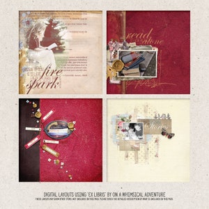 May include: Four digital scrapbook layouts with a red, white, and brown color scheme. The layouts feature images of books, a girl reading, and a family. The text "read alone" and "stories" are included in the layouts.