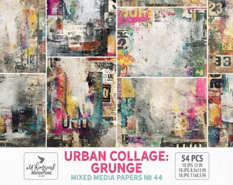 Könnte beinhalten: Eine Sammlung von Mixed-Media-Papieren mit urbanem Grunge-Thema. Die Collage zeigt zerrissene Papiertapeten, Farbspritzer und geschichtete Elemente in verschiedenen Farben, darunter Pink, Gelb und Blau. Der Text "Urban Collage: Grunge" ist sichtbar.