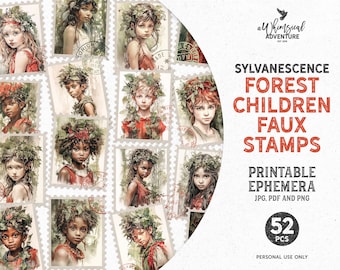 Sylvanescence Printable Enchanted Forest Elf Children Faux Stamps, Digital Download Forestcore AI Fantasy Art Junk Journal Ephemera