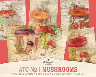 Woodland Mushrooms, ATC Printable, Junk Journal, Vintage Fungi, Botanical Print, Instant Download