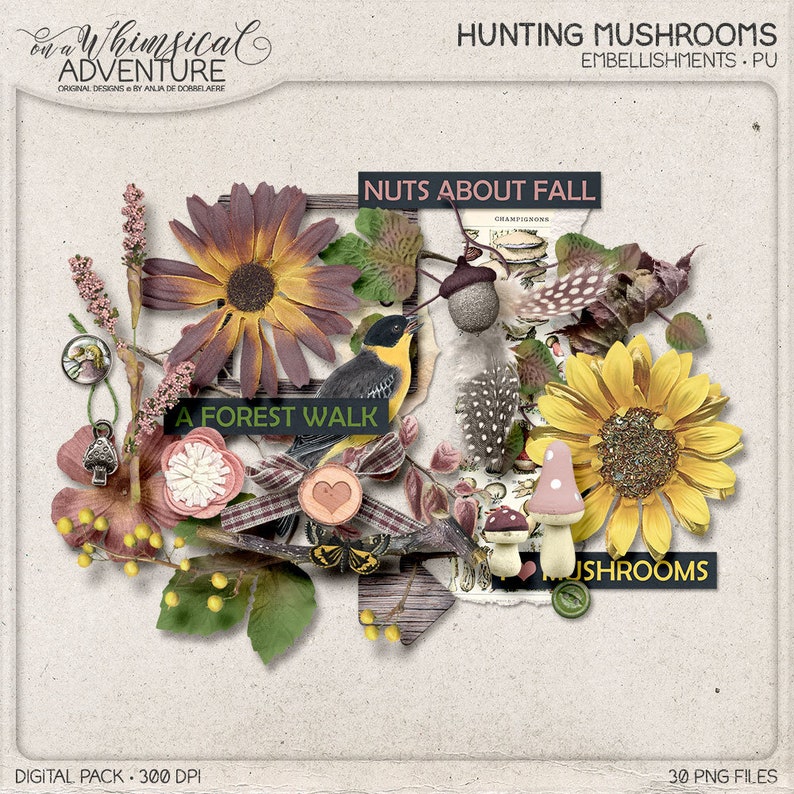 Best Value Vintage Botanical Digital Scrapbooking, In The Woods Growing Mushrooms Fall Gifts Autumn Clipart Fall Decor Package Deal