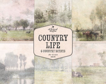 Antique Watercolor Painting - Scenic Paper - Country Scenes - Scrapbook Paper - Instant Download