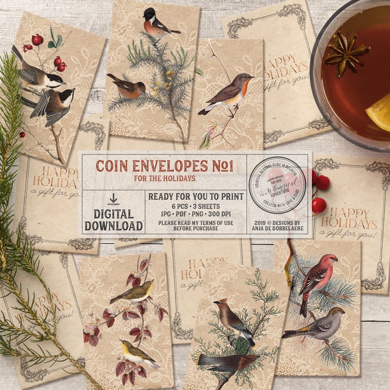 Printable Gift Envelopes, Christmas Gift Wrap, Vintage Birds, Lace Background, Instant Download image 10