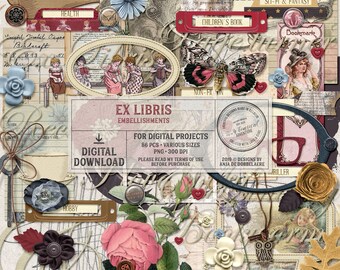 Ex Libris, Digital Scrapbook Embellishments, Librarian Gift, Scrapbook Album, Papercraft, For Bookworms and Book Lovers, Instant Download