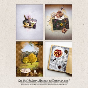 May include: Four digital scrapbook layouts featuring autumn themes. The layouts include images of leaves, a tree, a bowl of red berries, and a book with the text "First Harvest of the Season".