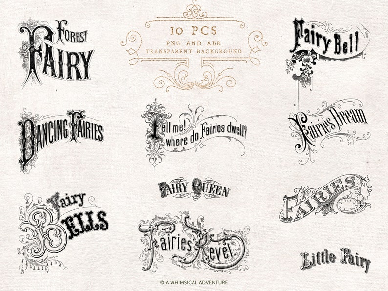 Decorative Vintage Titles, Antique Calligraphic Fairy Titles, Enchanted Forest, Digital Scrapbook Stamps, Photoshop Brushes ABR, PNG files image 2