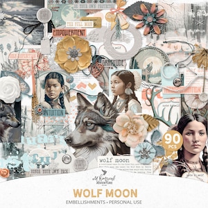 Wolf Mond Native American Indian Clipart und Stammes Ephemera, digitaler Download Januar Neujahr Mixed Media Art Scrapbook Elemente