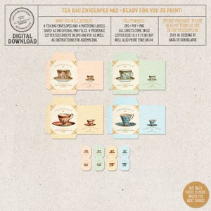 May include: Printable tea bag envelopes with a vintage teacup design. The envelopes are in pastel colors with polka dots and come in four different designs. The printable sheets are letter size (8.5 x 11 inches) and include instructions for assembling.