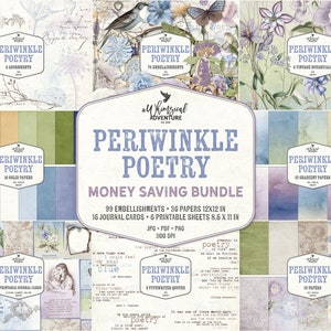 Coleção de poesia Periwinkle, pacote de gráficos, pacote de desconto para scrapbook digital, clipart e papel digital, muito Peri, azul e violeta
